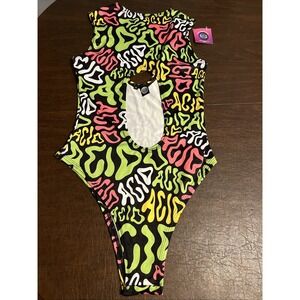 Lyte Couture Bodysuit Neon Black Cutout Ravers Acid Rave Festival Sz Large